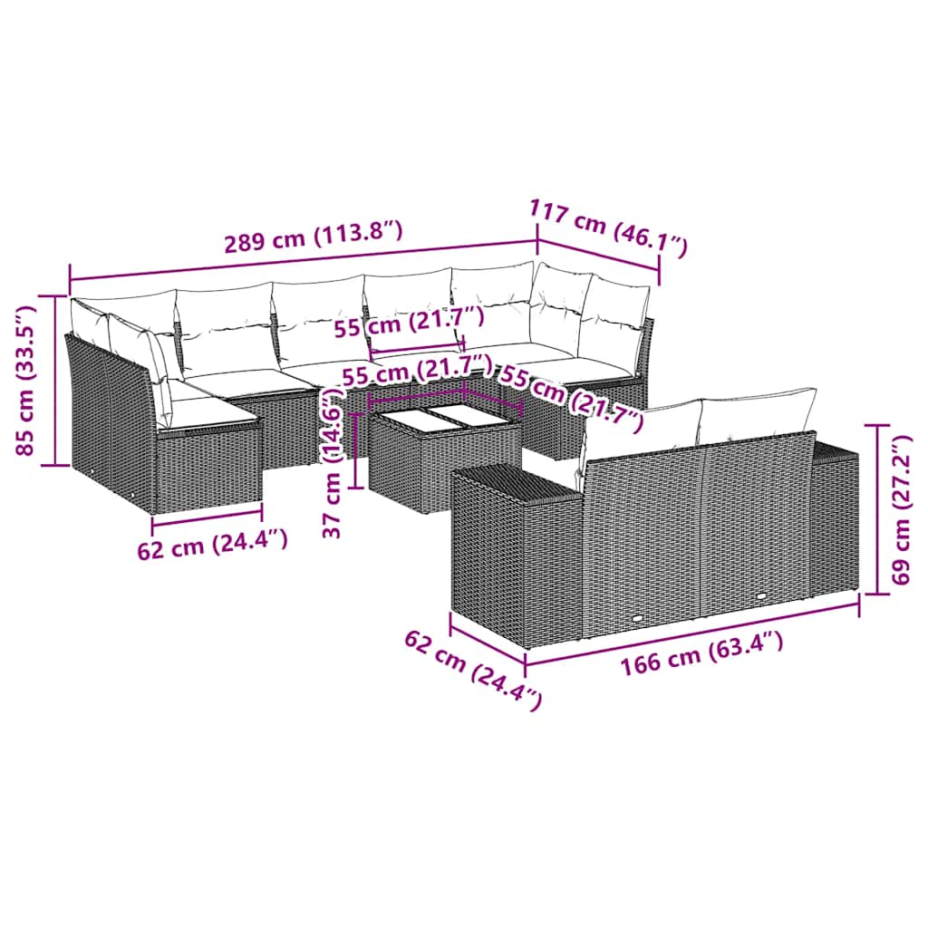 10-tlg. Garten-Sofagarnitur mit Kissen Schwarz Poly Rattan