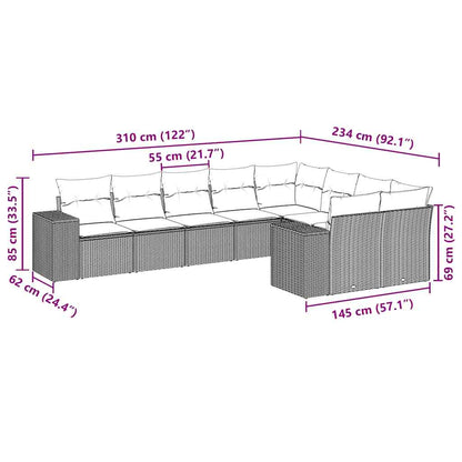 9-tlg. Garten-Sofagarnitur mit Kissen Schwarz Poly Rattan
