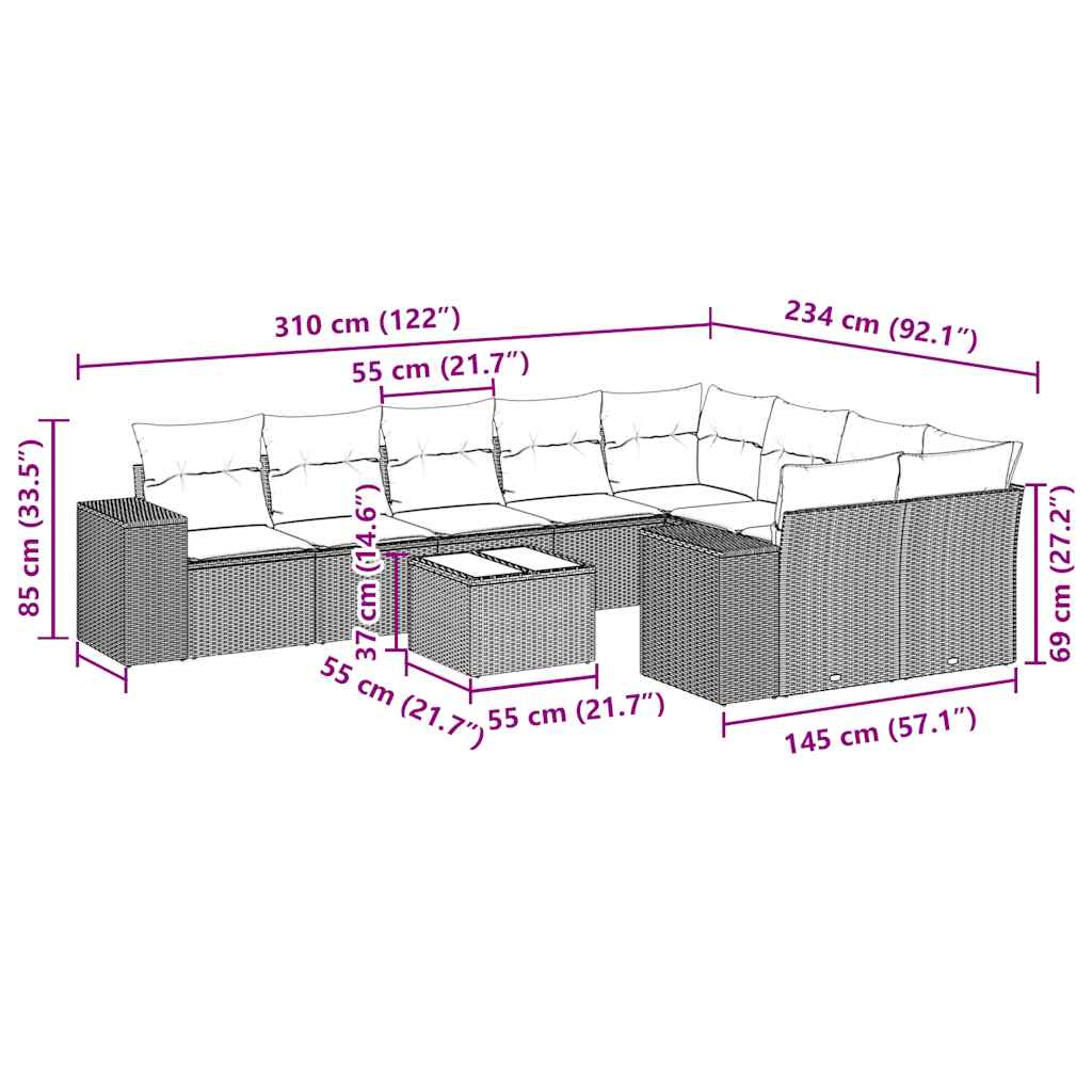 10-tlg. Garten-Sofagarnitur mit Kissen Schwarz Poly Rattan