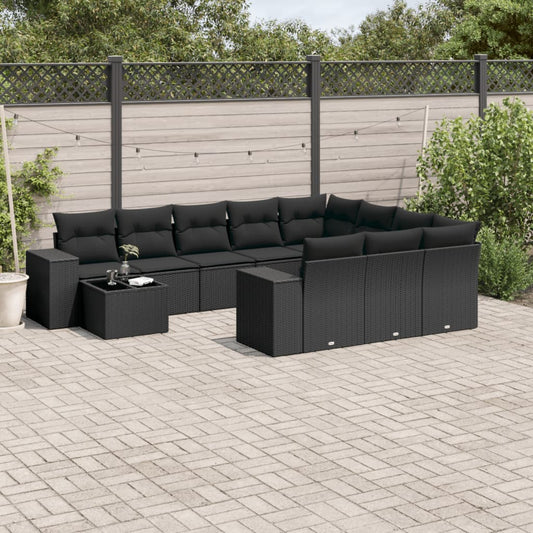 11-tlg. Garten-Sofagarnitur mit Kissen Schwarz Poly Rattan