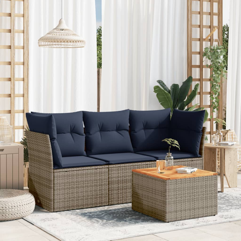 4-tlg. Garten-Sofagarnitur mit Kissen Grau Poly Rattan