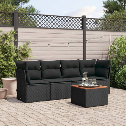 5-tlg. Garten-Sofagarnitur mit Kissen Schwarz Poly Rattan