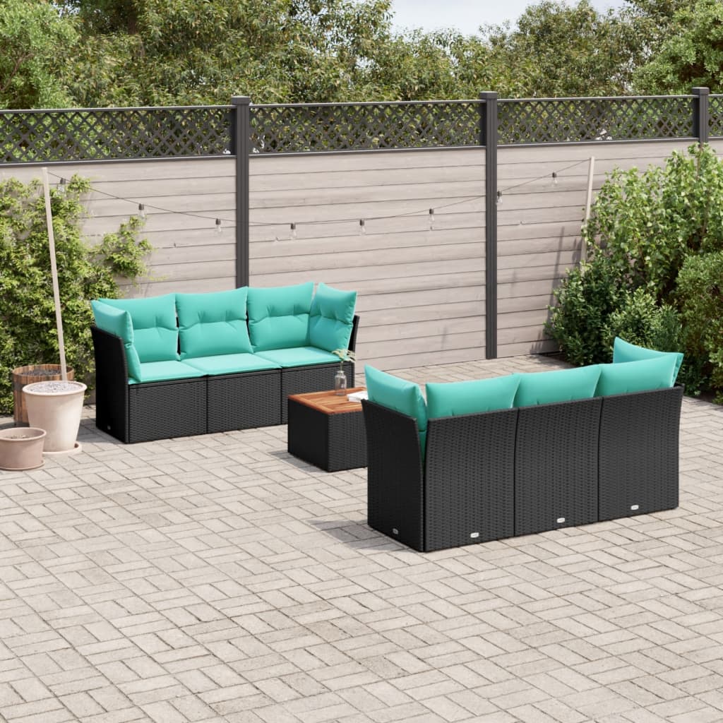 7-tlg. Garten-Sofagarnitur mit Kissen Schwarz Poly Rattan