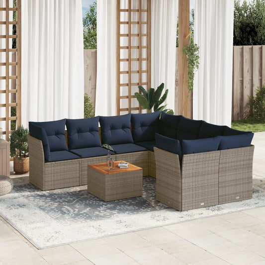 9-tlg. Garten-Sofagarnitur mit Kissen Grau Poly Rattan
