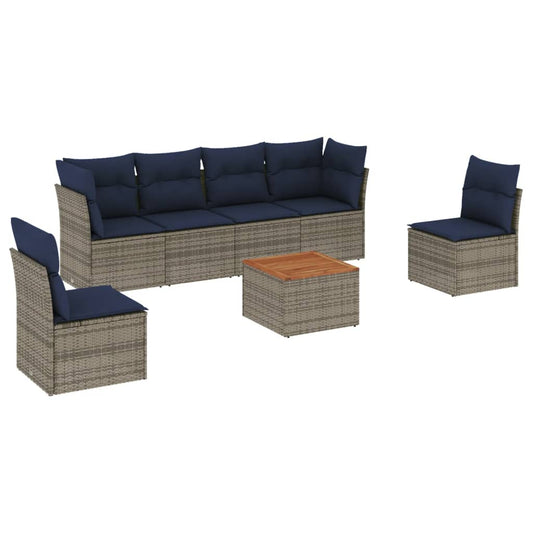 7-tlg. Garten-Sofagarnitur mit Kissen Grau Poly Rattan