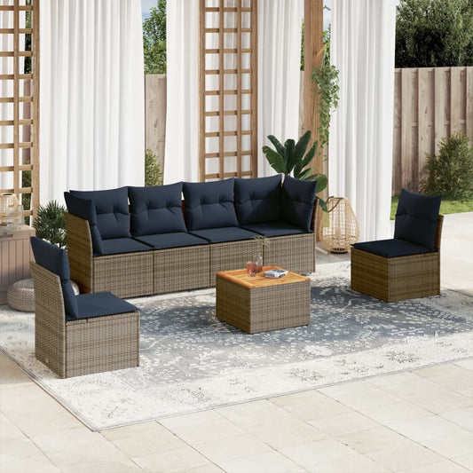 7-tlg. Garten-Sofagarnitur mit Kissen Grau Poly Rattan