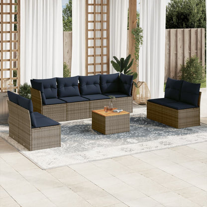 9-tlg. Garten-Sofagarnitur mit Kissen Grau Poly Rattan