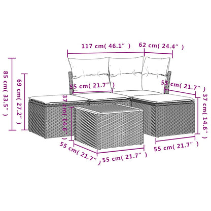 5-teiliges Gartensofa-Set mit Kissen, grau, Polyrattan