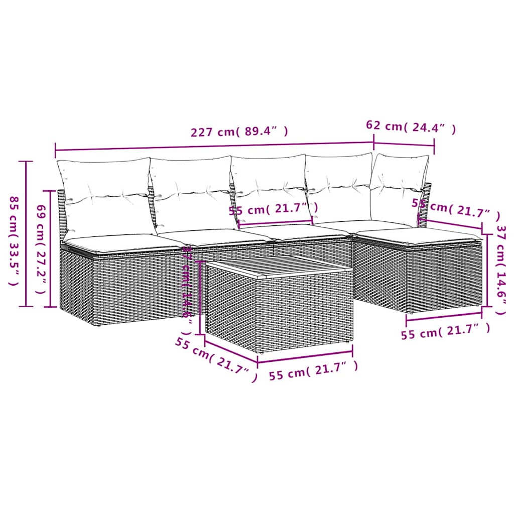 6-teiliges Gartensofa-Set mit Kissen, grau, Polyrattan