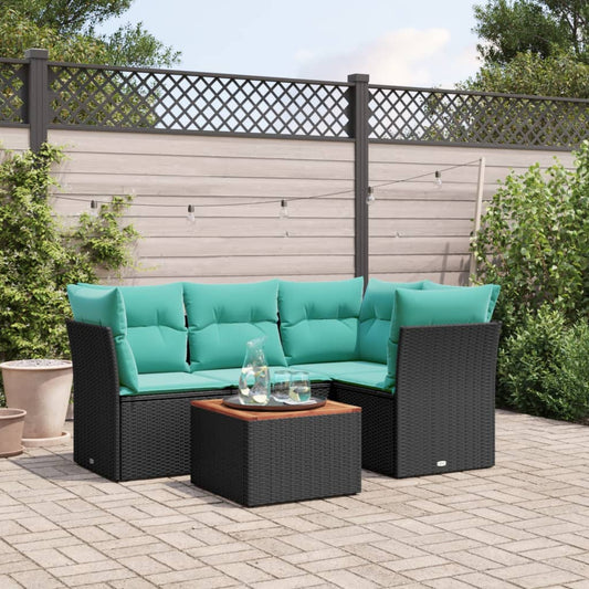 5-tlg. Garten-Sofagarnitur mit Kissen Schwarz Poly Rattan