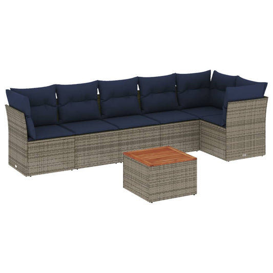 7-tlg. Garten-Sofagarnitur mit Kissen Grau Poly Rattan