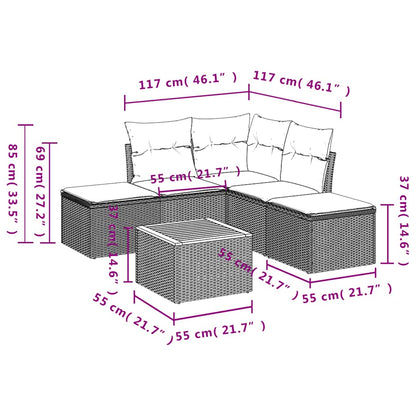 6-teiliges Gartensofa-Set mit Kissen, grau, Polyrattan