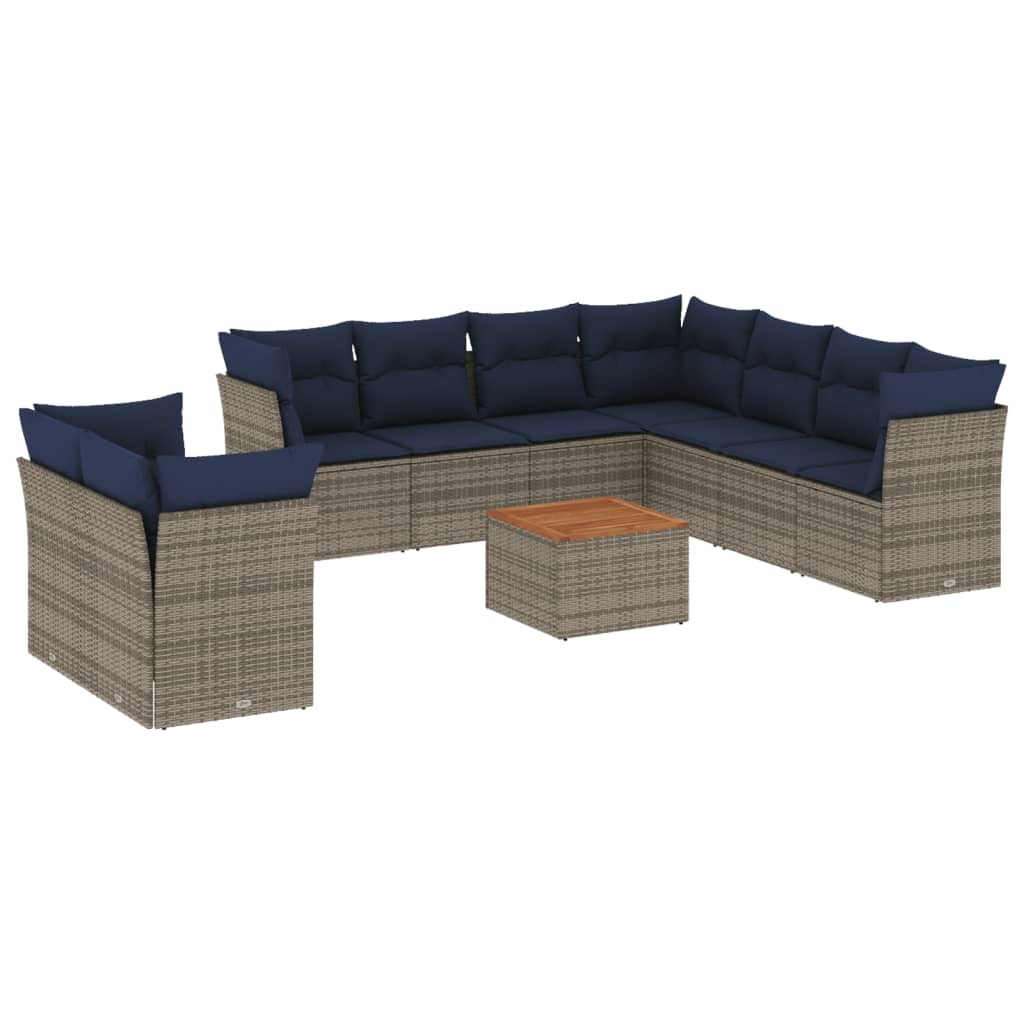 10-tlg. Garten-Sofagarnitur mit Kissen Grau Poly Rattan