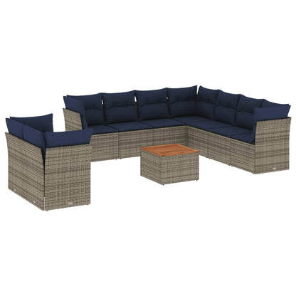 10-tlg. Garten-Sofagarnitur mit Kissen Grau Poly Rattan