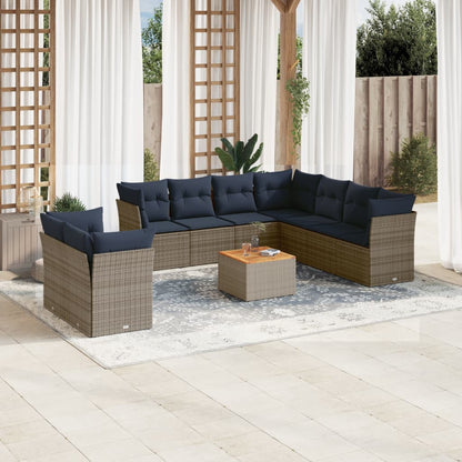 10-tlg. Garten-Sofagarnitur mit Kissen Grau Poly Rattan