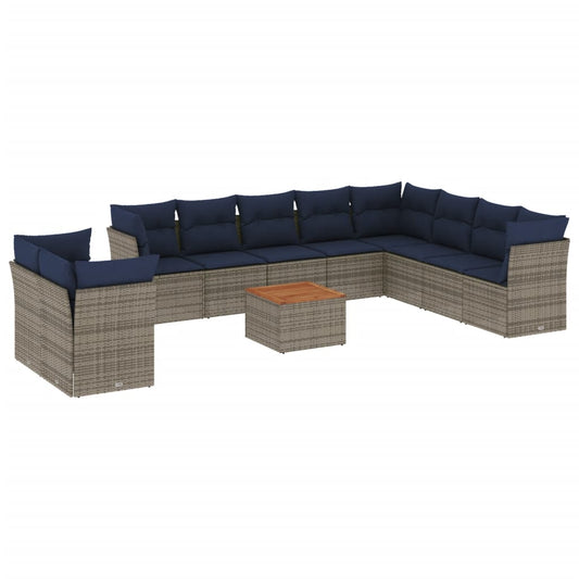11-tlg. Garten-Sofagarnitur mit Kissen Grau Poly Rattan