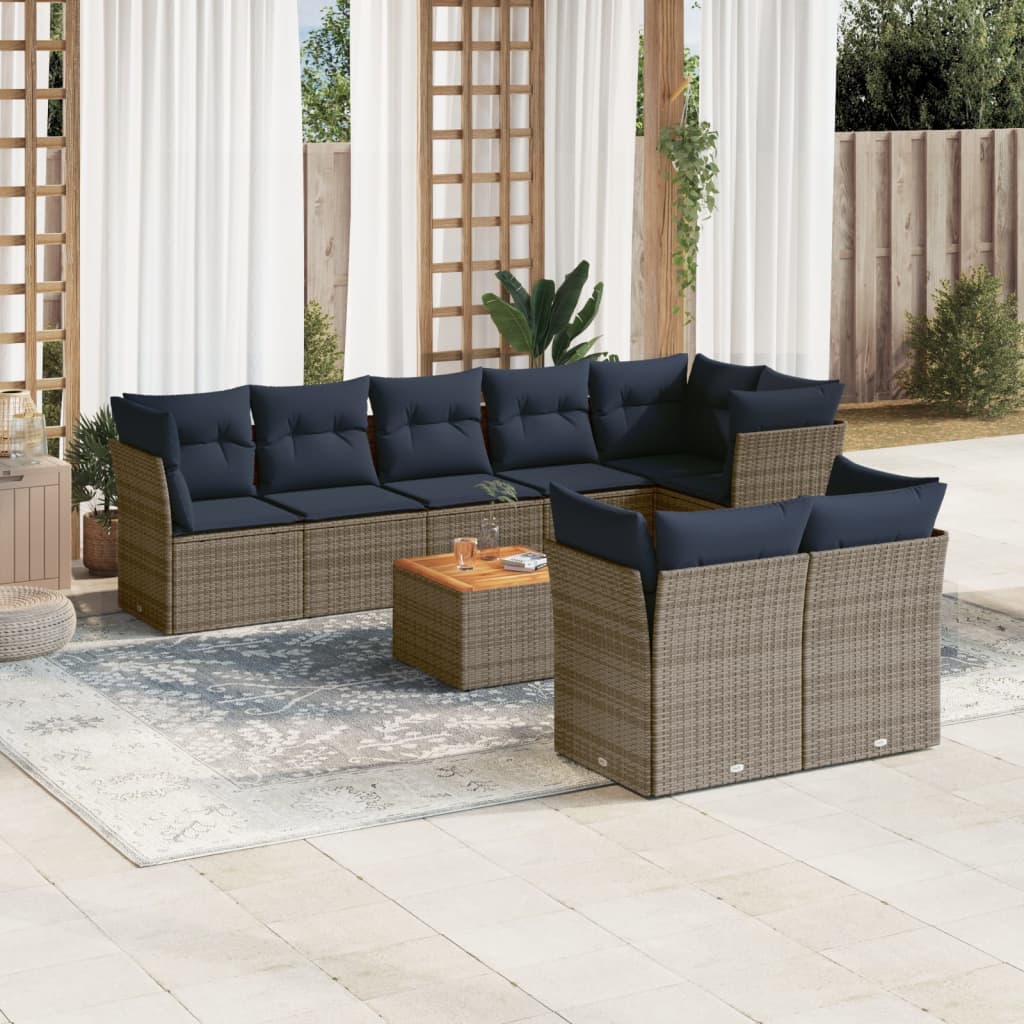 9-tlg. Garten-Sofagarnitur mit Kissen Grau Poly Rattan