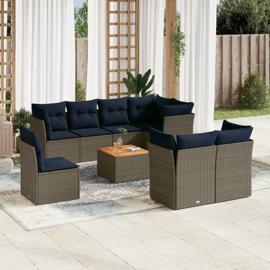 9-tlg. Garten-Sofagarnitur mit Kissen Grau Poly Rattan