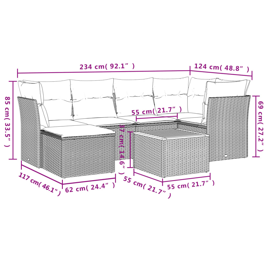 7-tlg. Garten-Sofagarnitur mit Kissen Schwarz Poly Rattan