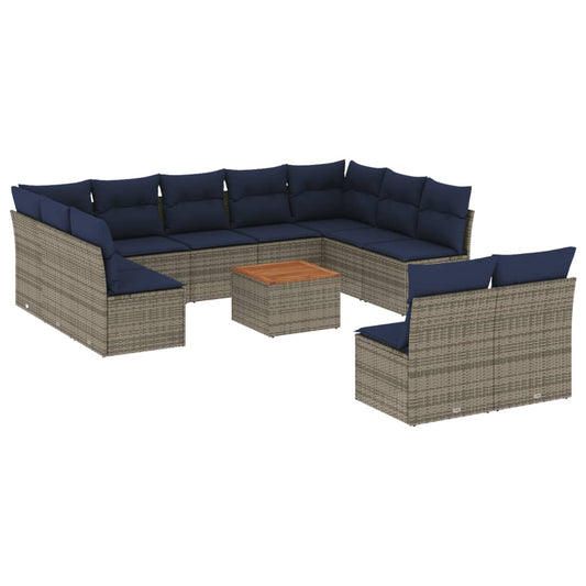 12-tlg. Garten-Sofagarnitur mit Kissen Grau Poly Rattan