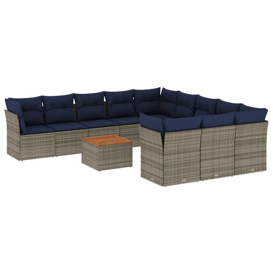 12-tlg. Garten-Sofagarnitur mit Kissen Grau Poly Rattan