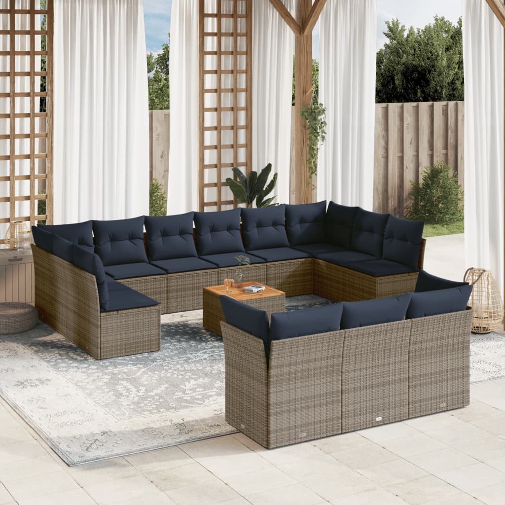 14-tlg. Garten-Sofagarnitur mit Kissen Grau Poly Rattan