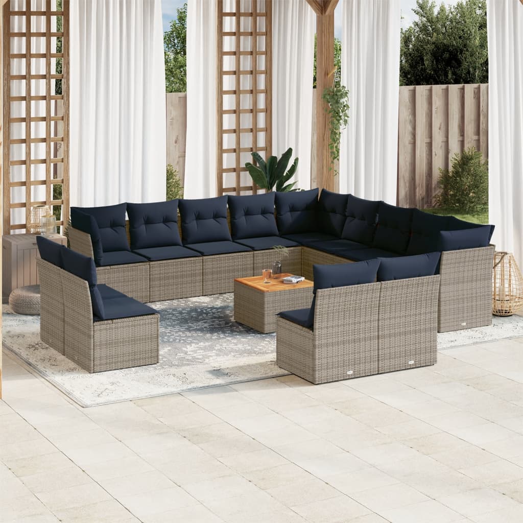 14-tlg. Garten-Sofagarnitur mit Kissen Grau Poly Rattan