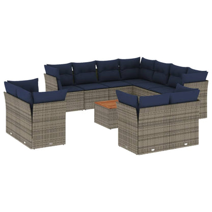 12-tlg. Garten-Sofagarnitur mit Kissen Grau Poly Rattan