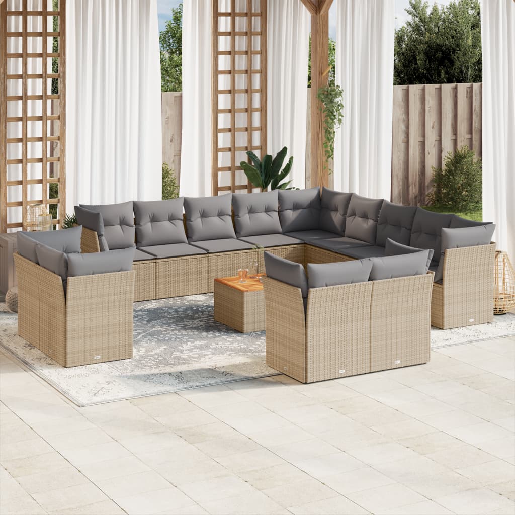 14-tlg. Garten-Sofagarnitur mit Kissen Beige Poly Rattan
