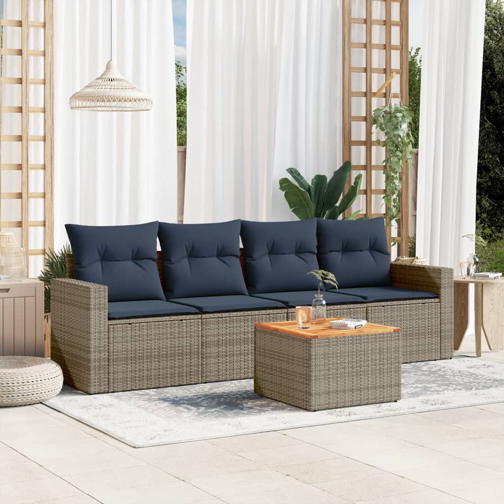 5-tlg. Garten-Sofagarnitur mit Kissen Grau Poly Rattan