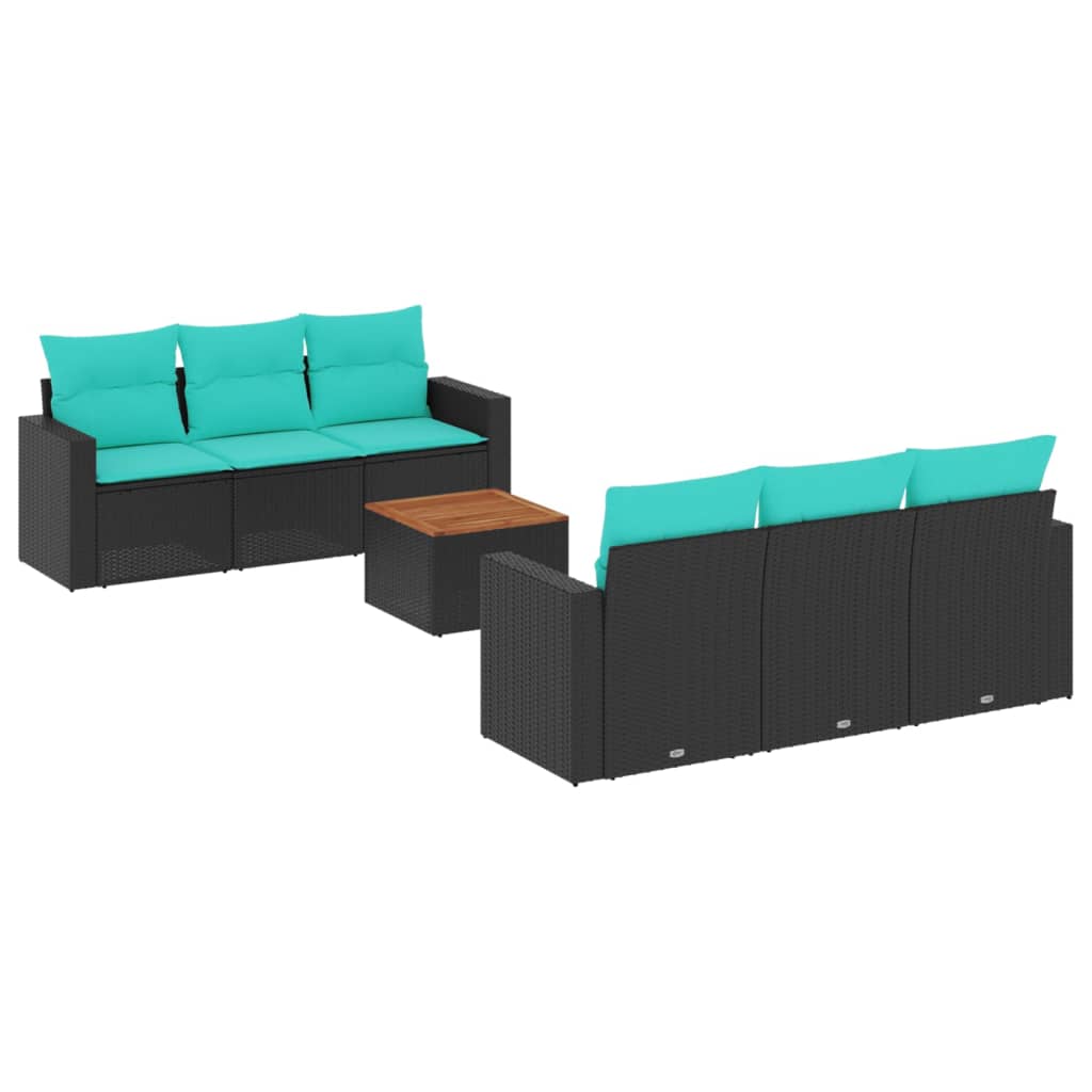 7-tlg. Garten-Sofagarnitur mit Kissen Schwarz Poly Rattan
