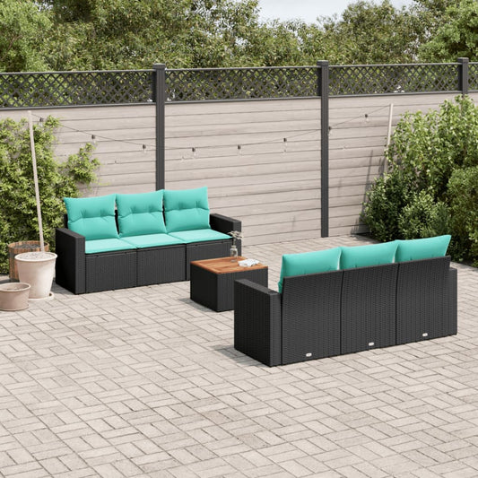 7-tlg. Garten-Sofagarnitur mit Kissen Schwarz Poly Rattan