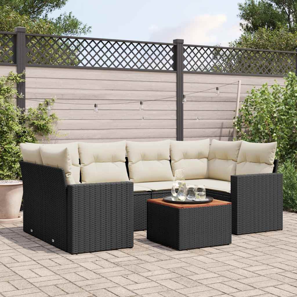 7-tlg. Garten-Sofagarnitur mit Kissen Schwarz Poly Rattan