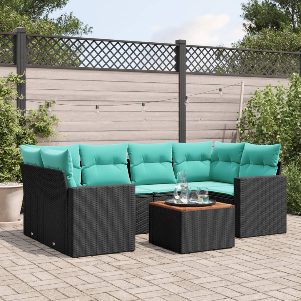 7-tlg. Garten-Sofagarnitur mit Kissen Schwarz Poly Rattan