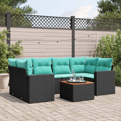 7-tlg. Garten-Sofagarnitur mit Kissen Schwarz Poly Rattan