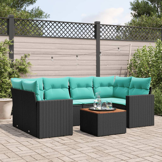 7-tlg. Garten-Sofagarnitur mit Kissen Schwarz Poly Rattan