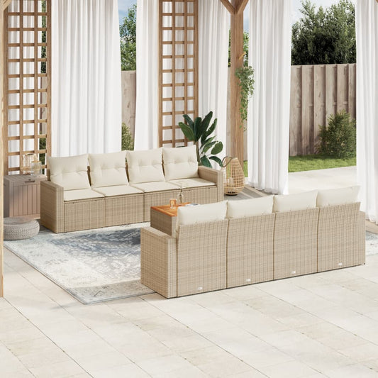 9-tlg. Garten-Sofagarnitur mit Kissen Beige Poly Rattan
