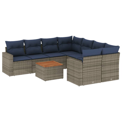9-tlg. Garten-Sofagarnitur mit Kissen Grau Poly Rattan