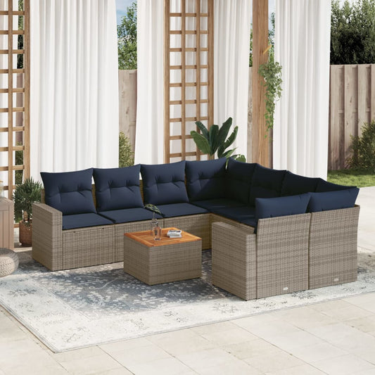9-tlg. Garten-Sofagarnitur mit Kissen Grau Poly Rattan