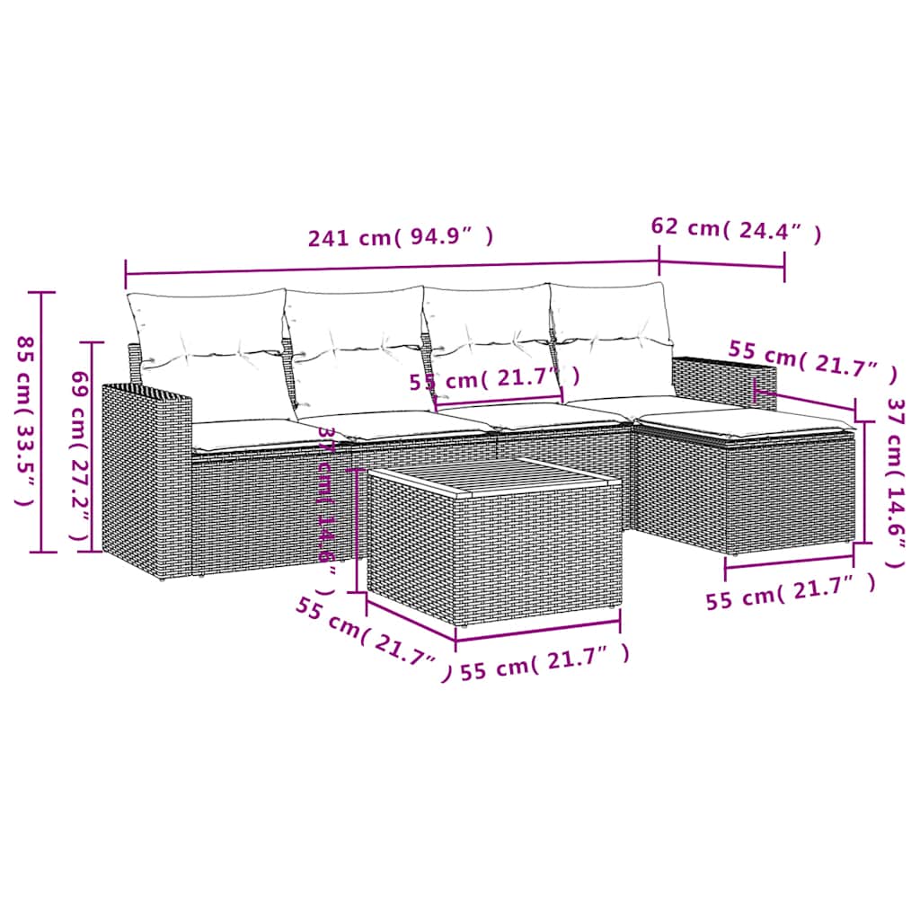 6-teiliges Gartensofa-Set mit Kissen, grau, Polyrattan