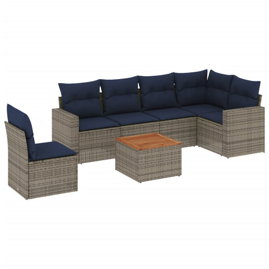 7-tlg. Garten-Sofagarnitur mit Kissen Grau Poly Rattan
