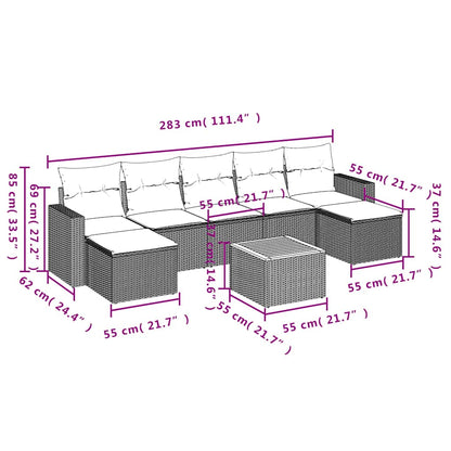 8-teiliges Gartensofa-Set mit Kissen, grau, Polyrattan