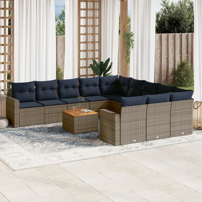 12-tlg. Garten-Sofagarnitur mit Kissen Grau Poly Rattan