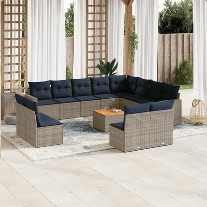 13-tlg. Garten-Sofagarnitur mit Kissen Grau Poly Rattan