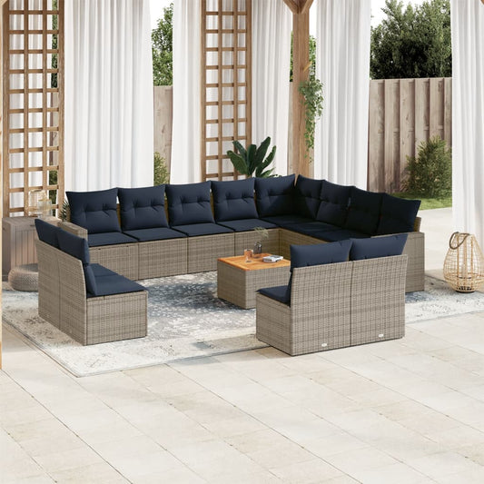 13-tlg. Garten-Sofagarnitur mit Kissen Grau Poly Rattan