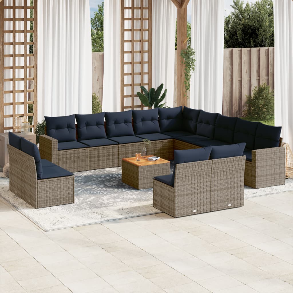 14-tlg. Garten-Sofagarnitur mit Kissen Grau Poly Rattan