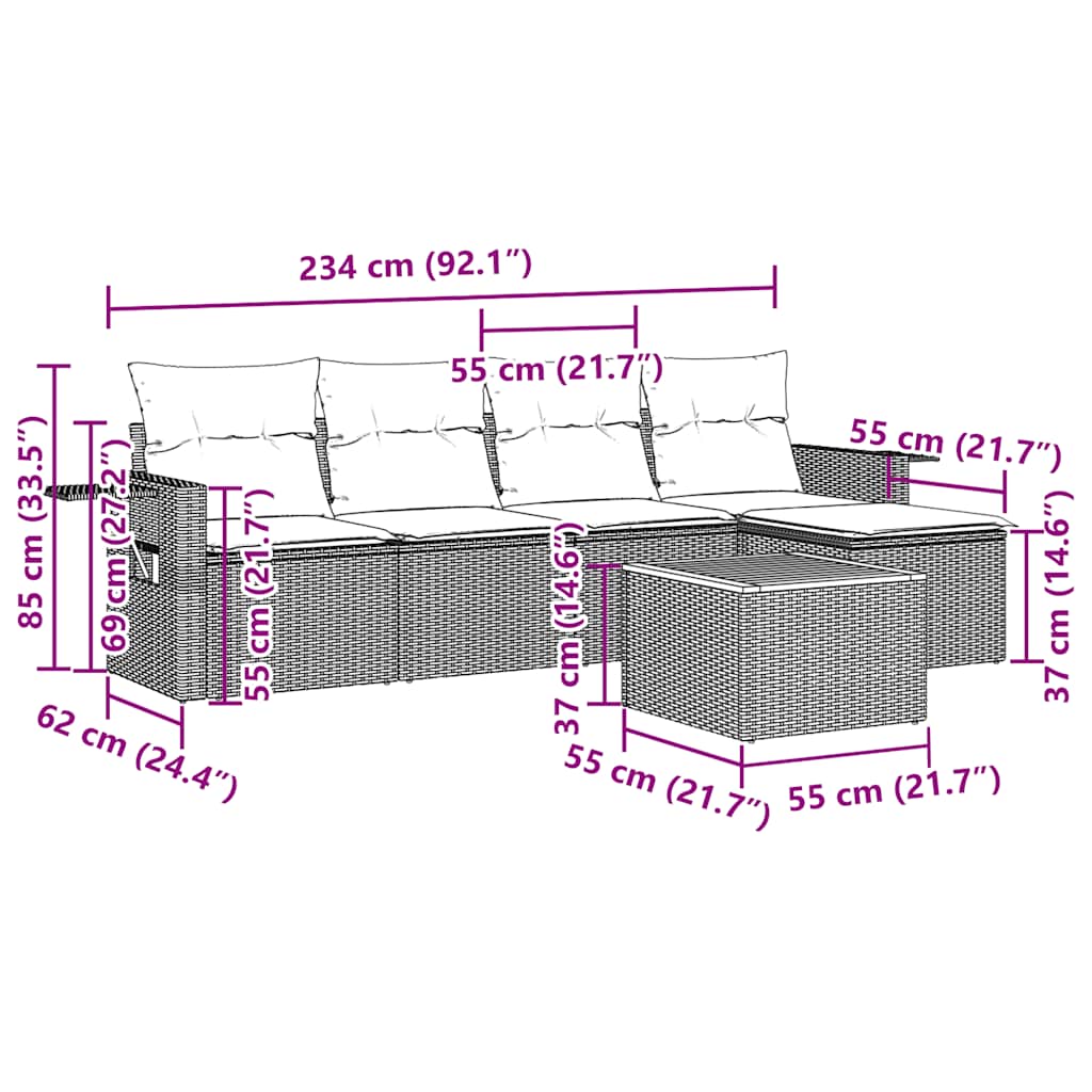 6-tlg. Garten-Sofagarnitur mit Kissen Schwarz Poly Rattan