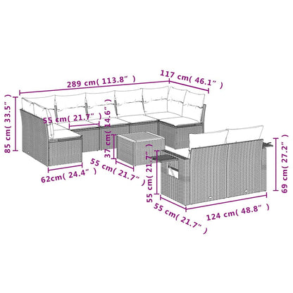 10-tlg. Garten-Sofagarnitur mit Kissen Grau Poly Rattan
