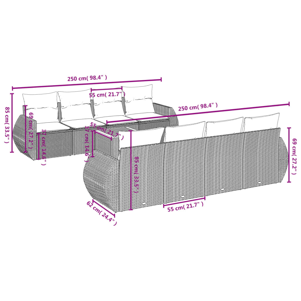 9-tlg. Garten-Sofagarnitur mit Kissen Beige Poly Rattan