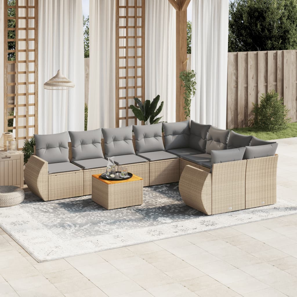 9-tlg. Garten-Sofagarnitur mit Kissen Beige Poly Rattan